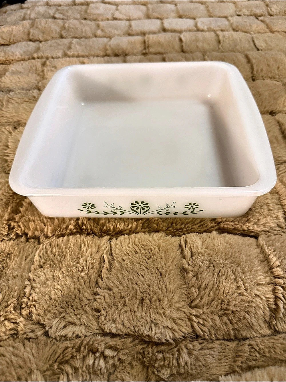 Vintage Glasbake Green Daisy 8-inch square Milk Glass Baking Dish